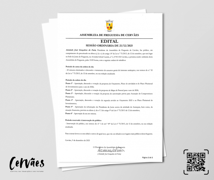 Assembleia de Freguesia de Cerv&atilde;es &ndash; Sess&atilde;o Ordin&aacute;ria 21/12/2025