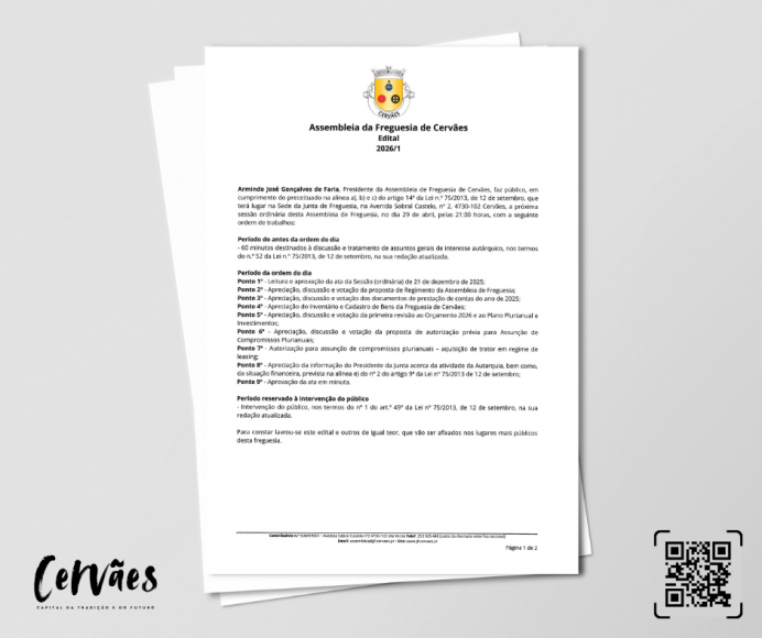 Assembleia de Freguesia de Cerv&atilde;es &ndash; Sess&atilde;o Ordin&aacute;ria 29/04/2026