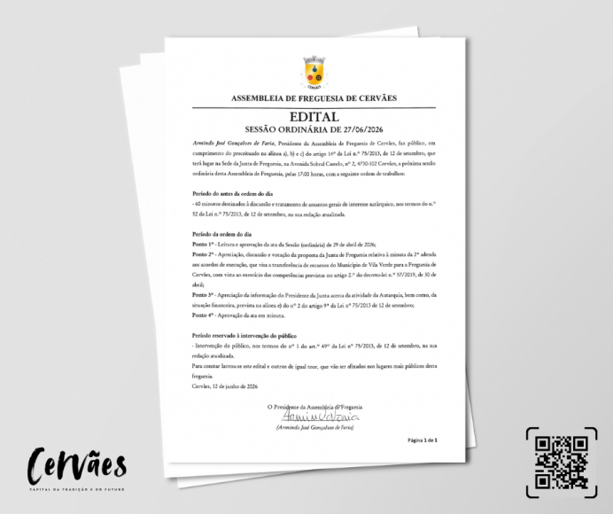 Assembleia de Freguesia de Cerv&atilde;es &ndash; Sess&atilde;o Ordin&aacute;ria 27/06/2026